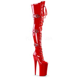 Red Patent Thigh High Boots with Straps and Buckles