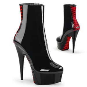 PleaserUSA Delight 1010 6" Heel Black Patent Ankle Boots with Red Corset Back Lace